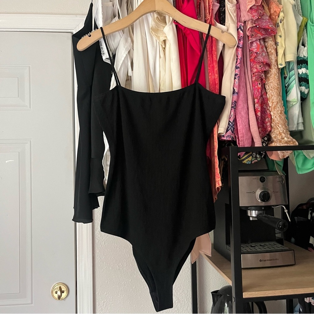 REFORMATION black tencel spandex rib knit square neck‎ sleeveless bodysuit